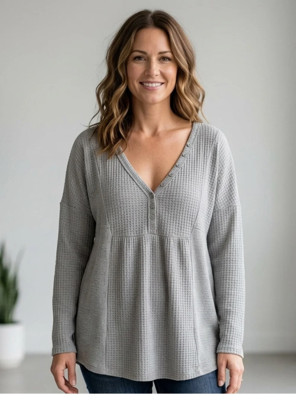 POL Light Gray Waffle-Knit V-Neck Baby Doll Henley Top size Small